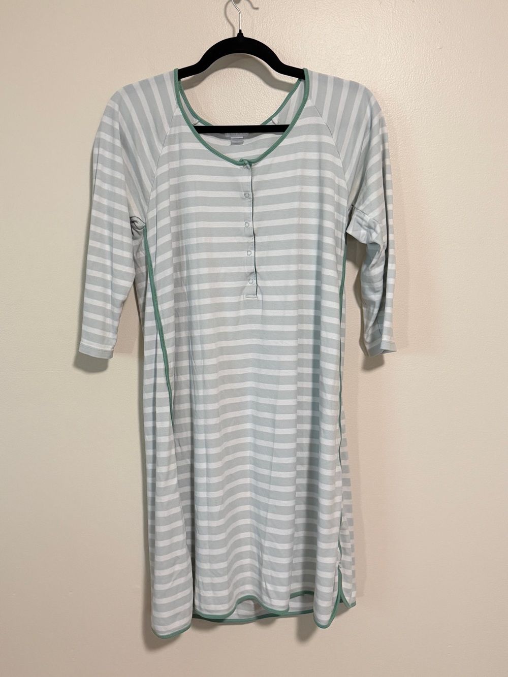 LAKE 100% pima cotton green white blue stripe henley button snap nightgown sz M